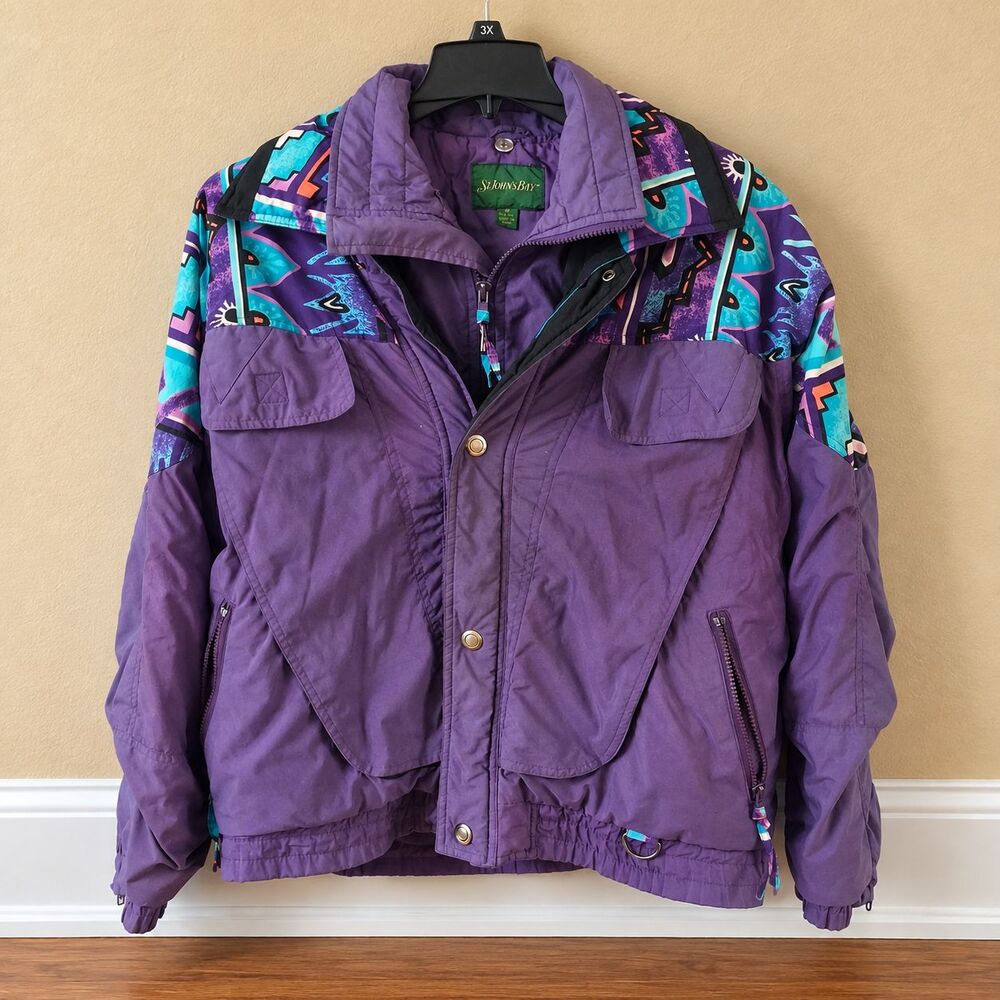 Vintage St Johns Bay Ski Coat Womens S Purple Colorblock Retro 90s Puffer